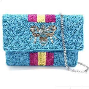 Striped Blue Beaded Bee Handmade Bag NEW
